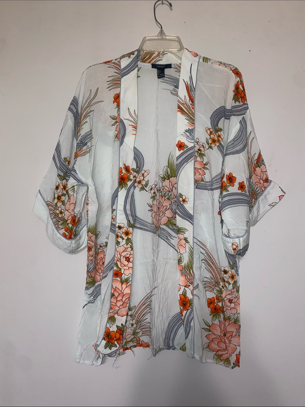 Forever 21 White Floral Kimono with Peach & Orange Accents